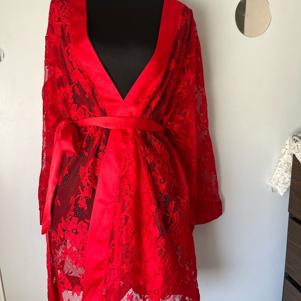 Vibrant Red Lace Kimono with Satin Accents